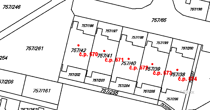 Letňany 571, Praha na parcele st. 757/41 v KÚ Letňany, Katastrální mapa