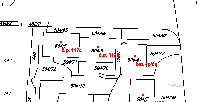 Hostivař 1175, Praha na parcele st. 504/6 v KÚ Hostivař, Katastrální mapa