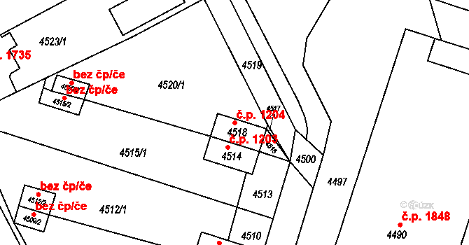 Jirkov 1204 na parcele st. 4518 v KÚ Jirkov, Katastrální mapa