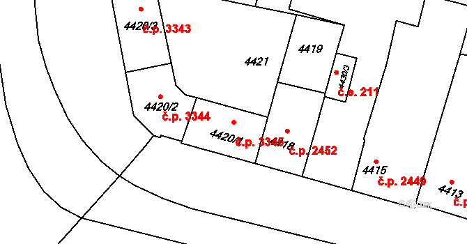 Prostějov 3343,3344,3345 na parcele st. 4420/1 v KÚ Prostějov, Katastrální mapa