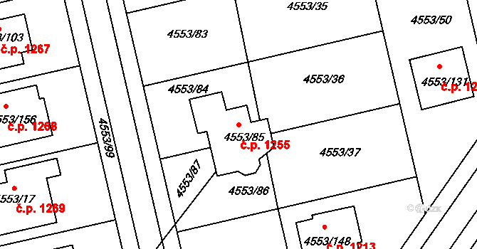 Hustopeče 1255 na parcele st. 4553/85 v KÚ Hustopeče u Brna, Katastrální mapa