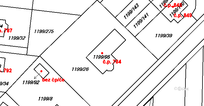 Vejprnice 784 na parcele st. 1199/95 v KÚ Vejprnice, Katastrální mapa