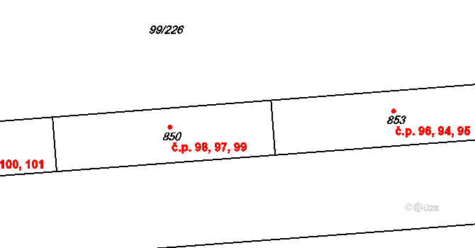 Habartov 97,98,99 na parcele st. 850 v KÚ Habartov, Katastrální mapa