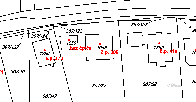 Háje 305, Cheb na parcele st. 1058 v KÚ Háje u Chebu, Katastrální mapa