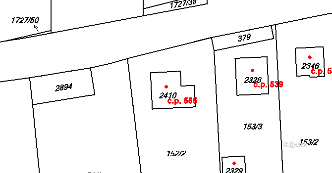 Hranice IV-Drahotuše 555, Hranice na parcele st. 2410 v KÚ Drahotuše, Katastrální mapa