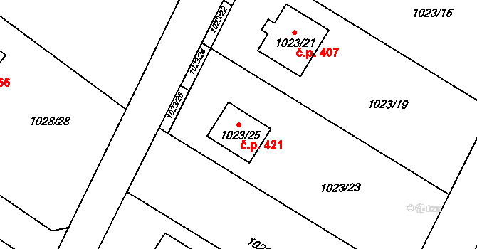 Křelov 421, Křelov-Břuchotín na parcele st. 1023/25 v KÚ Křelov, Katastrální mapa