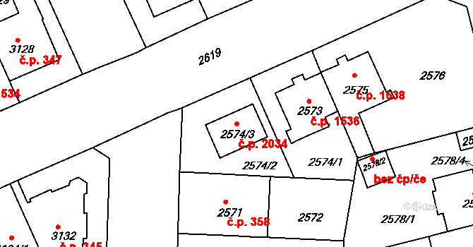 Černá Pole 2034, Brno na parcele st. 2574/3 v KÚ Černá Pole, Katastrální mapa