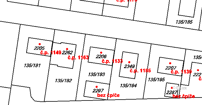 Podklášteří 1133, Třebíč na parcele st. 2206 v KÚ Podklášteří, Katastrální mapa