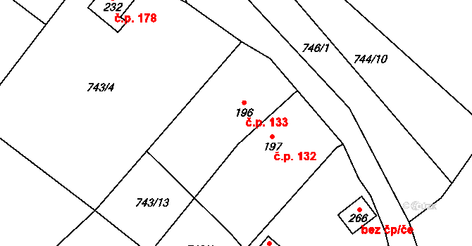 Velhartice 133 na parcele st. 196 v KÚ Velhartice, Katastrální mapa