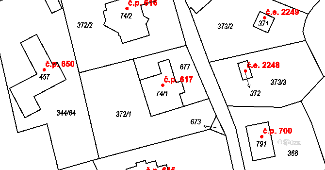 Struhařov 617, Kamenice na parcele st. 74/1 v KÚ Štiřín, Katastrální mapa