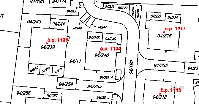 Slivenec 1134, Praha na parcele st. 94/240 v KÚ Slivenec, Katastrální mapa