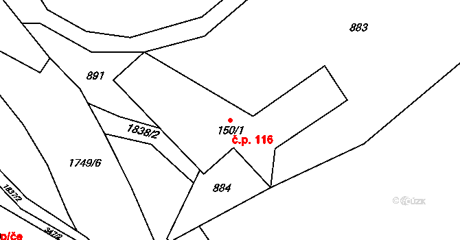 Kladky 116 na parcele st. 150/1 v KÚ Kladky, Katastrální mapa
