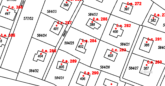 Poddubí 284, Kaliště na parcele st. 402 v KÚ Kaliště u Ondřejova, Katastrální mapa