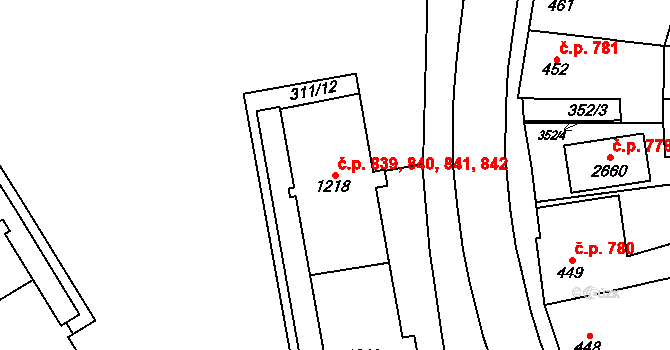 Uničov 839,840,841,842 na parcele st. 1218 v KÚ Uničov, Katastrální mapa