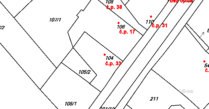 Doubrava 33, Kostomlátky na parcele st. 104 v KÚ Doubrava u Kostomlat nad Labem, Katastrální mapa