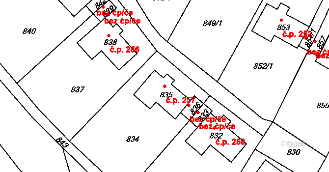 Bystřany 257 na parcele st. 835 v KÚ Bystřany, Katastrální mapa