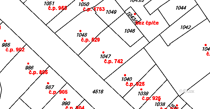 Teplice 742 na parcele st. 1047 v KÚ Teplice, Katastrální mapa
