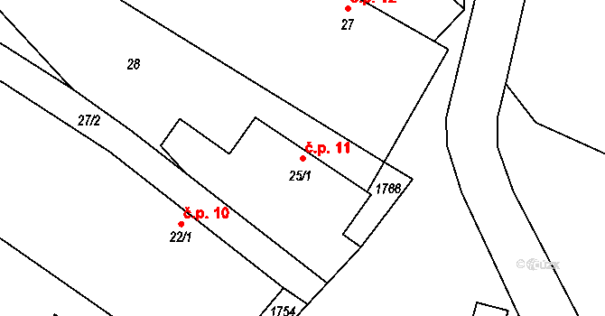 Zvánovice 11 na parcele st. 25/1 v KÚ Zvánovice, Katastrální mapa