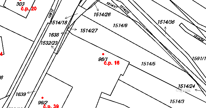 Ústí 16 na parcele st. 96/1 v KÚ Ústí u Vsetína, Katastrální mapa