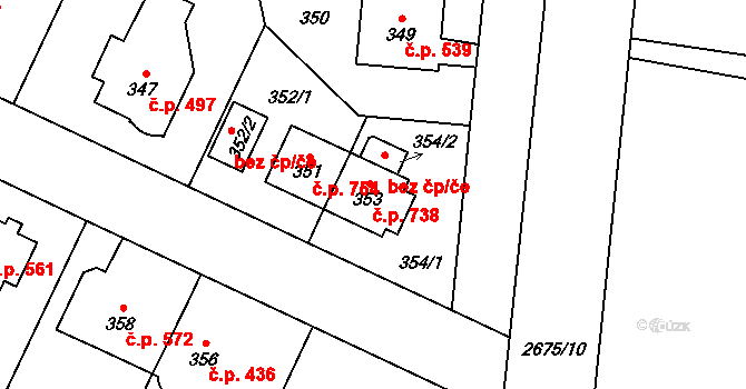 Kyje 738, Praha na parcele st. 353 v KÚ Kyje, Katastrální mapa