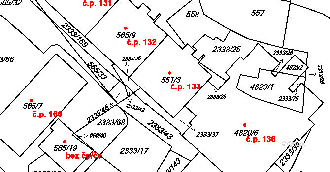 Příbram III 133, Příbram na parcele st. 551/3 v KÚ Příbram, Katastrální mapa