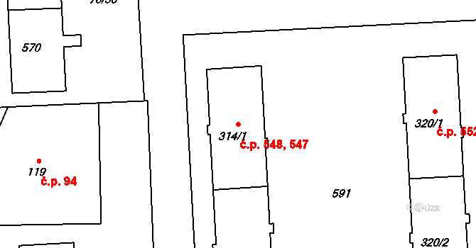 Neředín 547,548, Olomouc na parcele st. 314/1 v KÚ Neředín, Katastrální mapa
