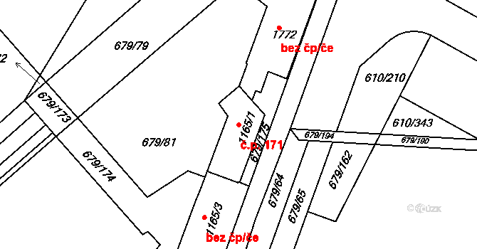 Rosice 171 na parcele st. 1165/1 v KÚ Rosice u Brna, Katastrální mapa