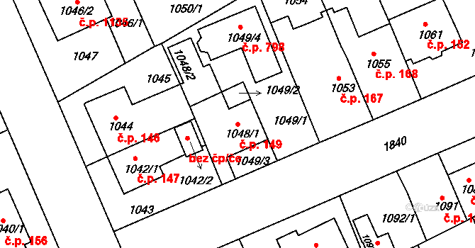 Černice 149, Plzeň na parcele st. 1048/1 v KÚ Bručná, Katastrální mapa