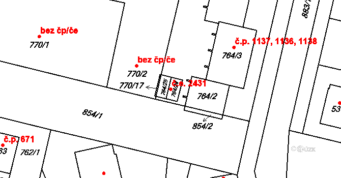 Lobzy 2431, Plzeň na parcele st. 764/24 v KÚ Lobzy, Katastrální mapa