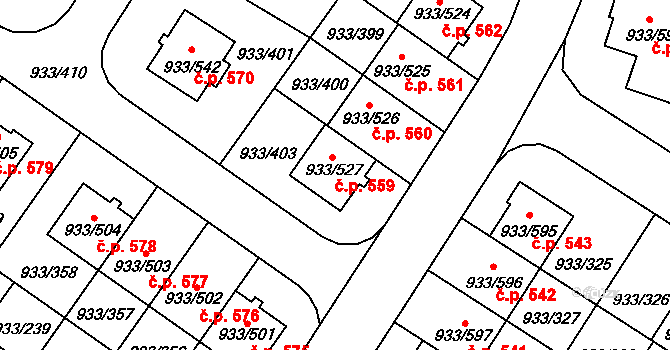 Satalice 559, Praha na parcele st. 933/527 v KÚ Satalice, Katastrální mapa