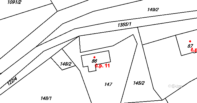 Heřmanov 11 na parcele st. 86 v KÚ Heřmanov, Katastrální mapa