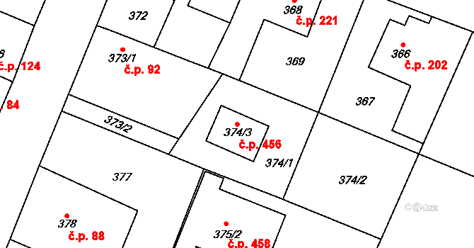 Senec 456, Zruč-Senec na parcele st. 374/3 v KÚ Senec u Plzně, Katastrální mapa