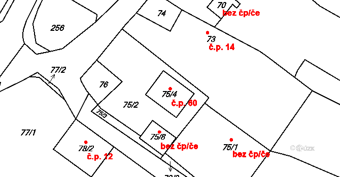 Velké Chvojno 60 na parcele st. 75/4 v KÚ Velké Chvojno, Katastrální mapa