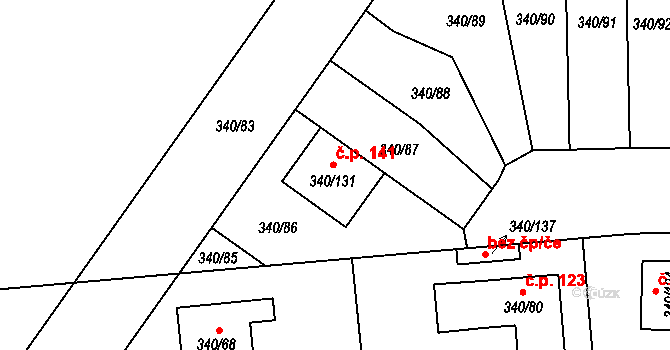 Hořín 141 na parcele st. 340/131 v KÚ Hořín, Katastrální mapa