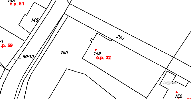 Hlinné 32, Nové Město na Moravě na parcele st. 149 v KÚ Hlinné, Katastrální mapa