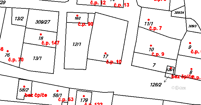 Kozomín 10 na parcele st. 17 v KÚ Kozomín, Katastrální mapa