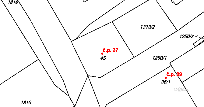 Hodyně 37, Kožlany na parcele st. 45 v KÚ Hodyně u Dřevce, Katastrální mapa