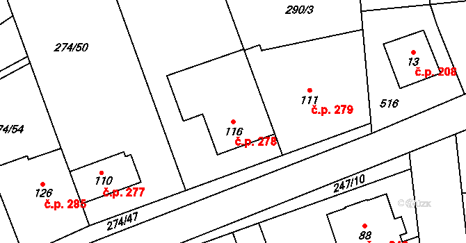 Tuchoměřice 278 na parcele st. 116 v KÚ Kněžívka, Katastrální mapa