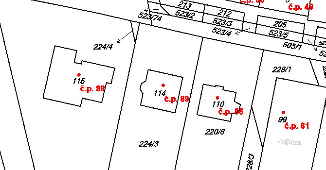 Karolín 89 na parcele st. 114 v KÚ Karolín u Sulimova, Katastrální mapa