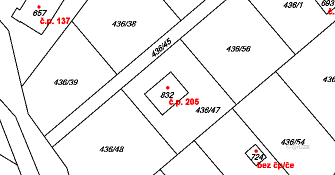 Hukvaldy 205 na parcele st. 832 v KÚ Sklenov, Katastrální mapa