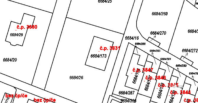 Frýdek 3831, Frýdek-Místek na parcele st. 6684/173 v KÚ Frýdek, Katastrální mapa