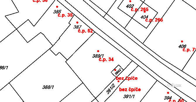 Vážany 34, Kroměříž na parcele st. 389/1 v KÚ Vážany u Kroměříže, Katastrální mapa
