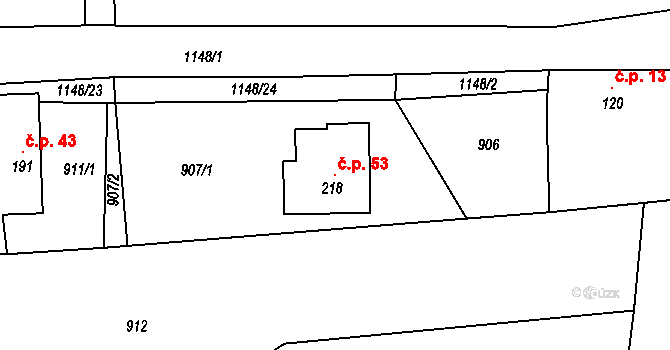 Křižanov 53, Hořičky na parcele st. 218 v KÚ Křižanov u Mezilečí, Katastrální mapa