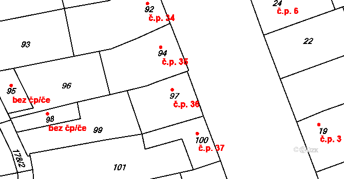 Alojzov 36 na parcele st. 97 v KÚ Alojzov u Prostějova, Katastrální mapa
