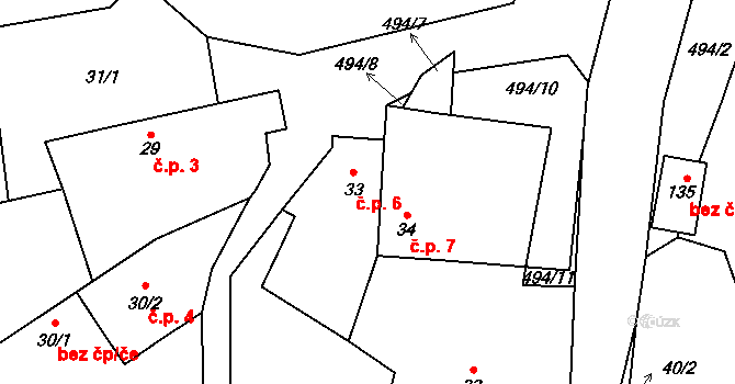 Lomec 6, Úmonín na parcele st. 33 v KÚ Lomec u Úmonína, Katastrální mapa