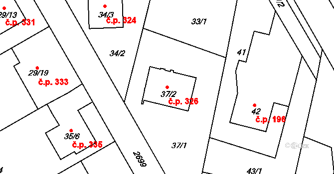 Lyžbice 326, Třinec na parcele st. 37/2 v KÚ Lyžbice, Katastrální mapa