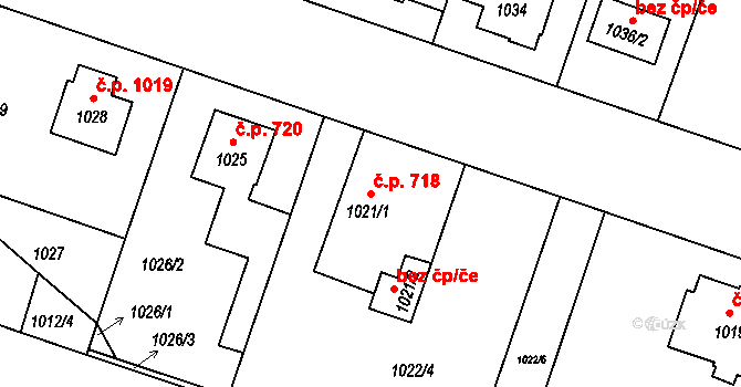 Čelákovice 718 na parcele st. 1021/1 v KÚ Čelákovice, Katastrální mapa