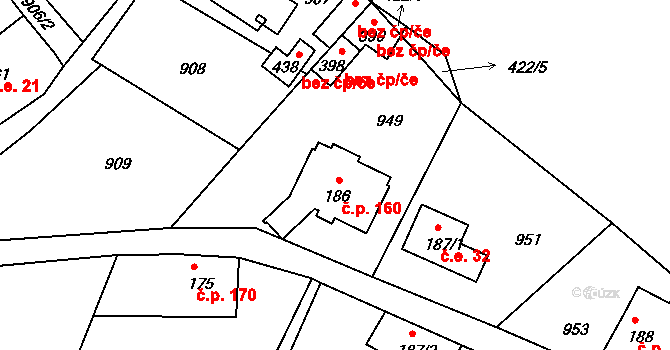 Pihel 160, Nový Bor na parcele st. 186 v KÚ Pihel, Katastrální mapa