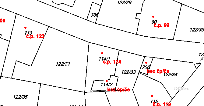 Strančice 124 na parcele st. 114/1 v KÚ Strančice, Katastrální mapa