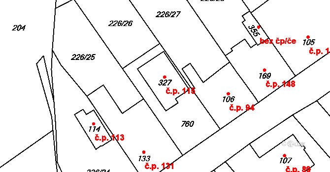 Střelná 115, Košťany na parcele st. 327 v KÚ Střelná, Katastrální mapa